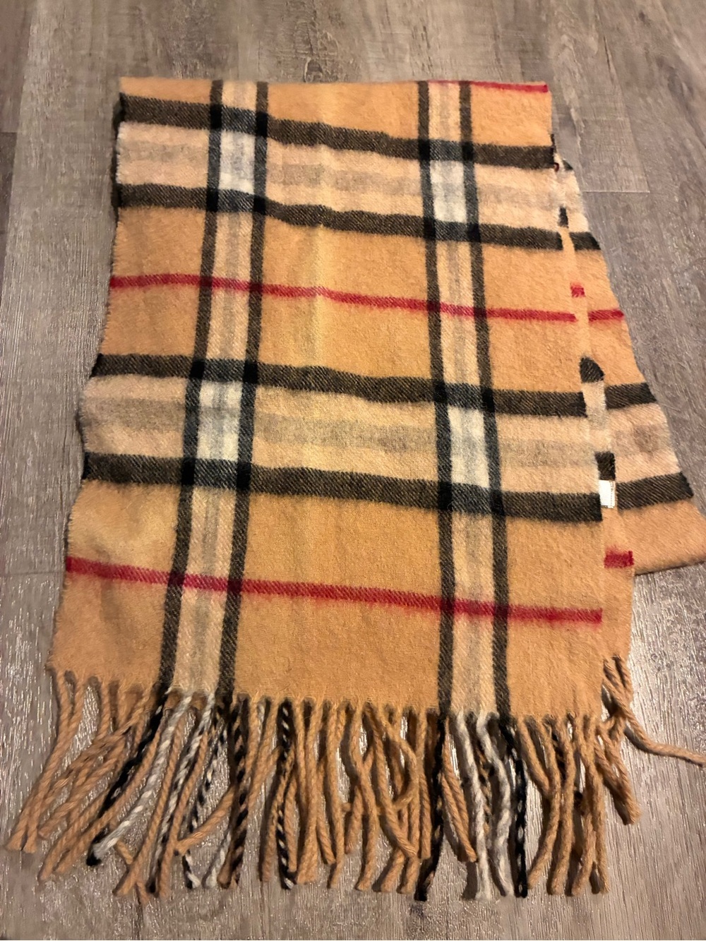Classic Plaid Fringe Scarf in Camel Cashmere/Wool blend.